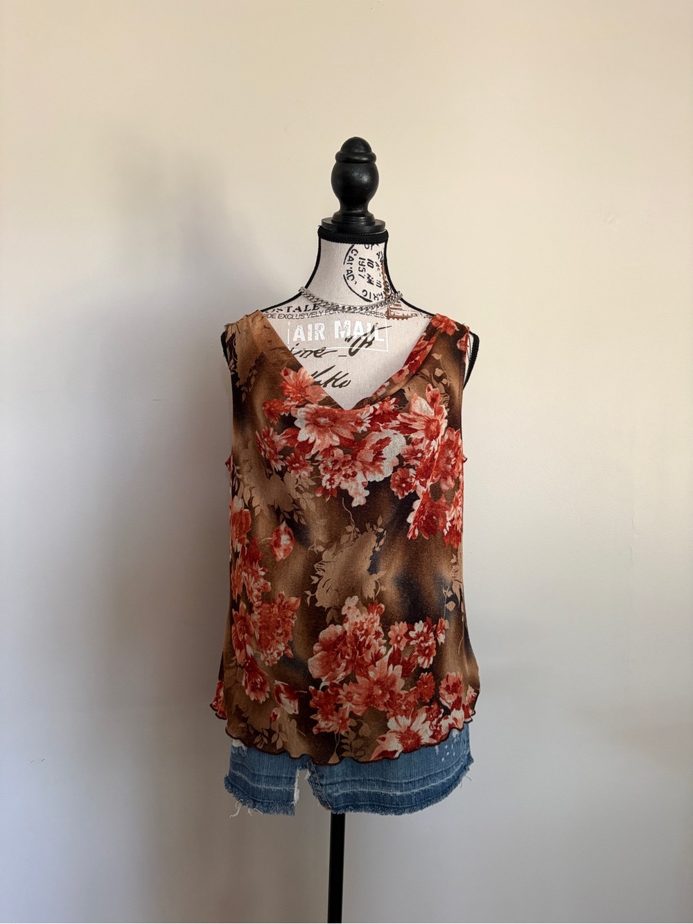 Y2K 90’s Jessica Vintage Brown Fall Floral Cowl Neck Sleeveless Top - Picture 2 of 9